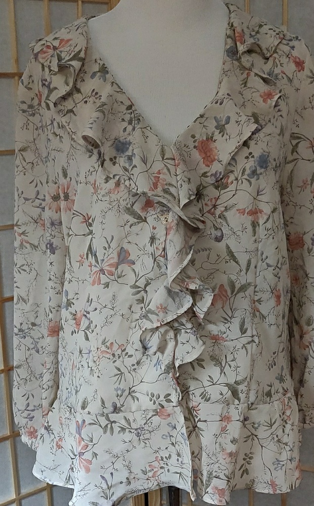 Vintage Floral Cream long sleeve Ruffle blouse